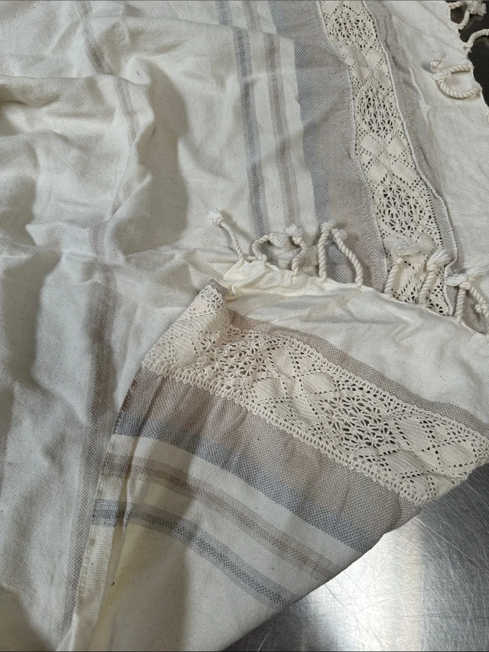 Gilded arrow beach maternity photo Cream Stripe Crochet Fringe Throw Blanket
